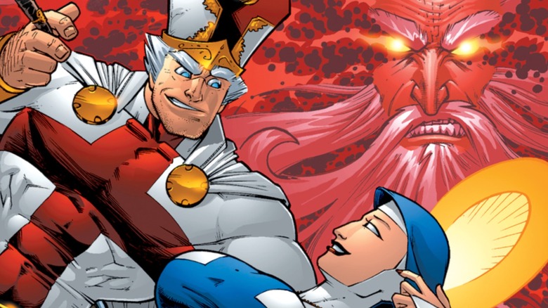 Battle Pope #14 cover - the Pope sweeping Mary off her feet as God looks on angrily