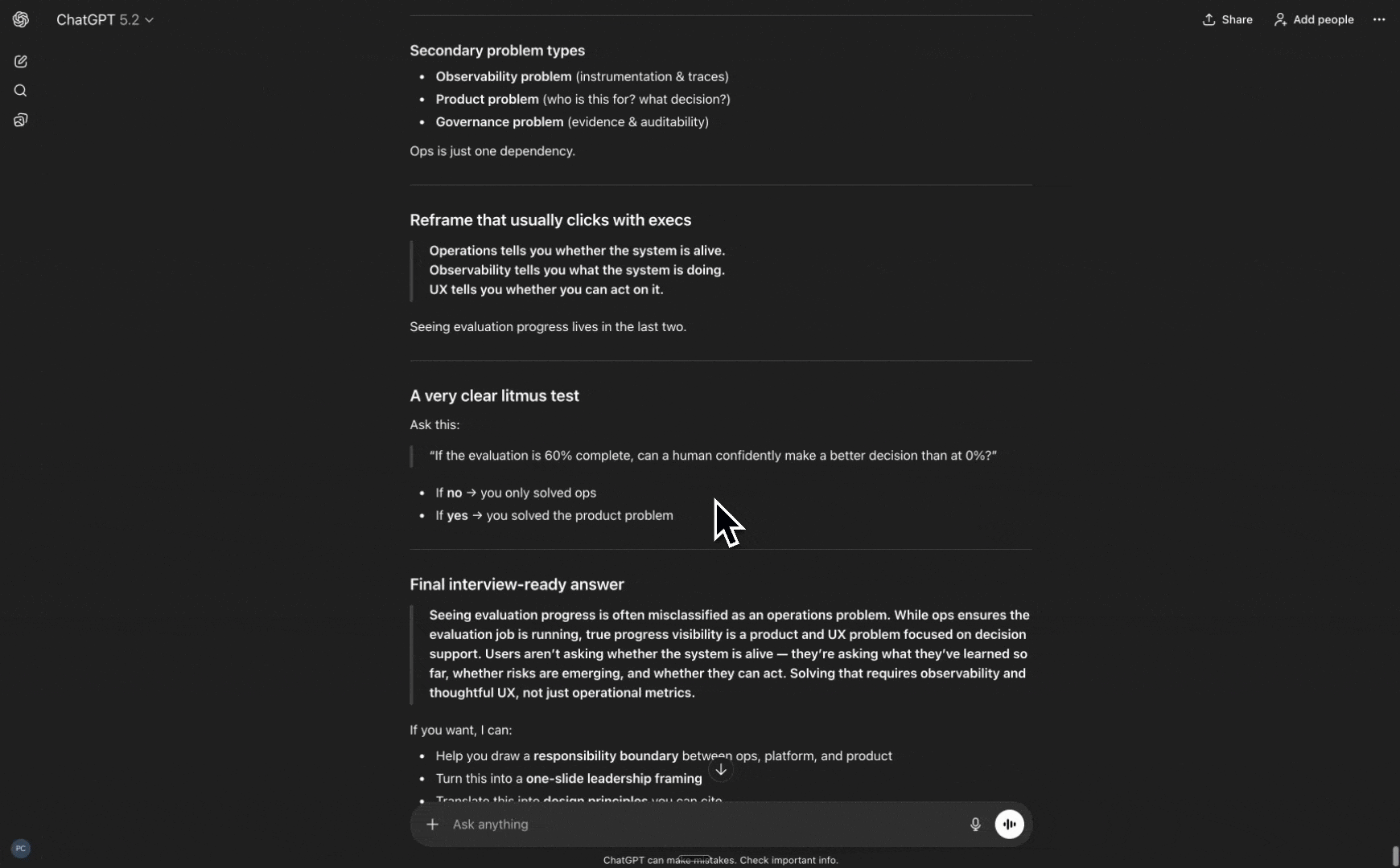 Animated GIF showing a user scrolling through a ChatGPT conversation feed in dark mode, revealing structured sections with headings, bullet points, and to convey longer message chains.