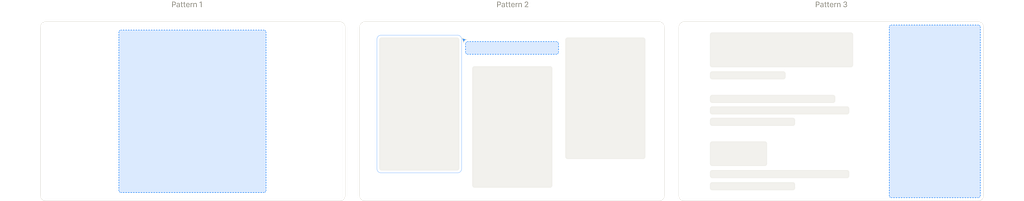 Diagram comparing three natural language interface patterns. Pattern 1 shows a single full-screen conversation area. Pattern 2 displays a canvas with a contextual input field and separate workspace. Pattern 3 illustrates a split view with a chat panel on the right and workspace on the left