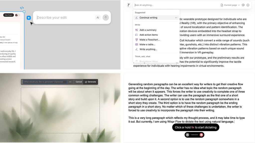 Four-panel grid showing AI-assisted creation across different tools: Figma with an “Describe your edit” prompt, Notion with inline AI writing suggestions, Photoshop with a generative image fill prompt over a blurred image, and Wispr Flow displaying voice dictation converting speech into text.