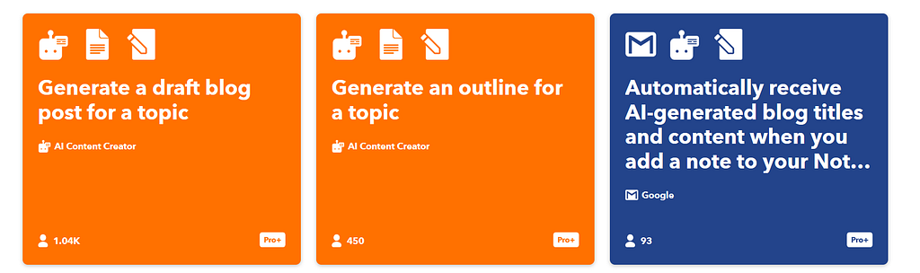 A set of cards promoting AI tools for generating blog drafts, outlines, and titles, displayed in orange and blue blocks.