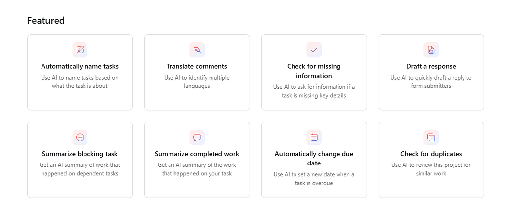 A dashboard showing AI-assisted task features, including automatic task naming, translation, summaries, duplicate detection, and draft responses.