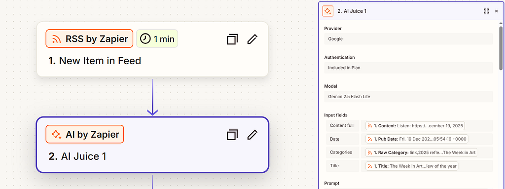A Zapier automation workflow showing an RSS feed trigger connected to an AI processing step using a language model.