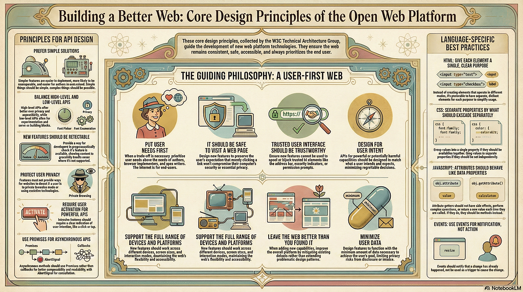 A detailed illustrated poster titled “Building a Better Web,” presenting core design principles of the open web with icons and short explanations arranged in panels.