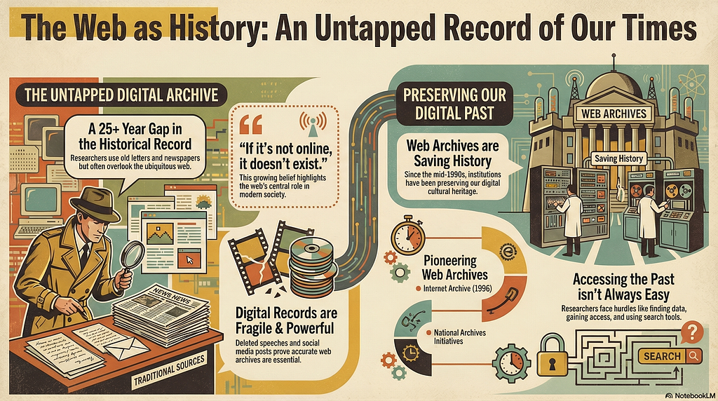 An illustrated infographic titled “The Web as History,” showing web archives, digital records, and institutions preserving online content as historical sources.