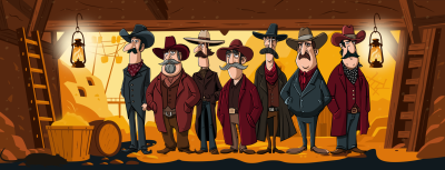 A group of seven illustrated western characters in an underground gold mine scene.