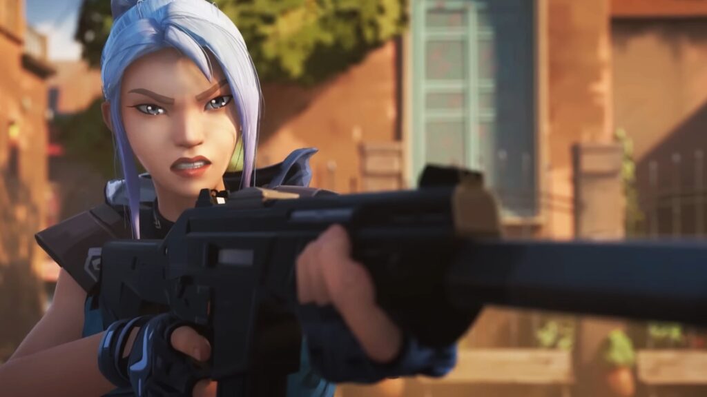 Jett aims her rifle with focus during a VALORANT firefight