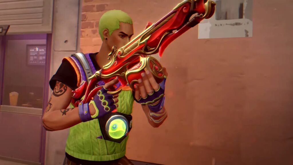 Neon examines an ornate red and gold rifle in VALORANT before combat