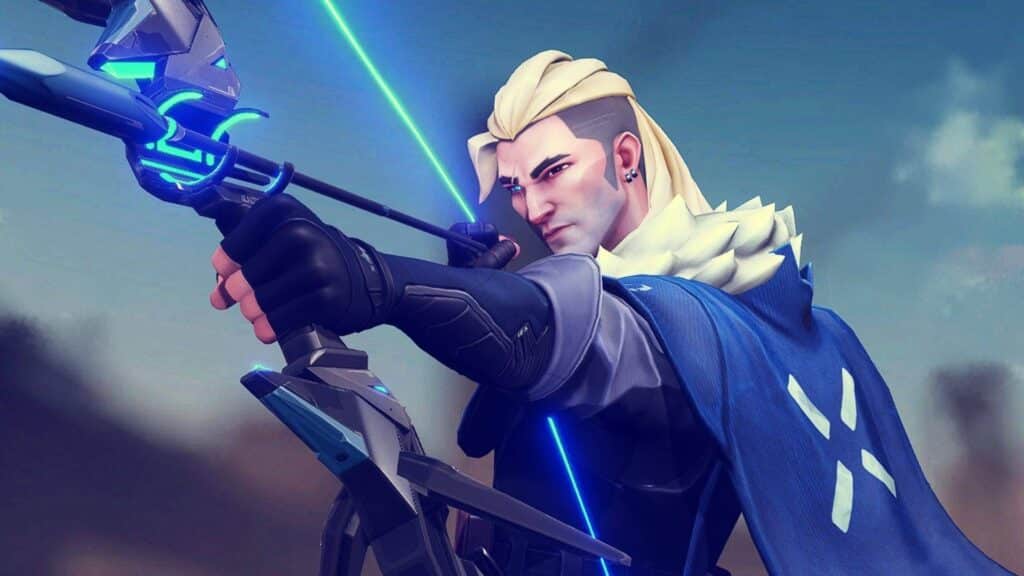 Sova draws his high tech bow in VALORANT while lining up a precise shot