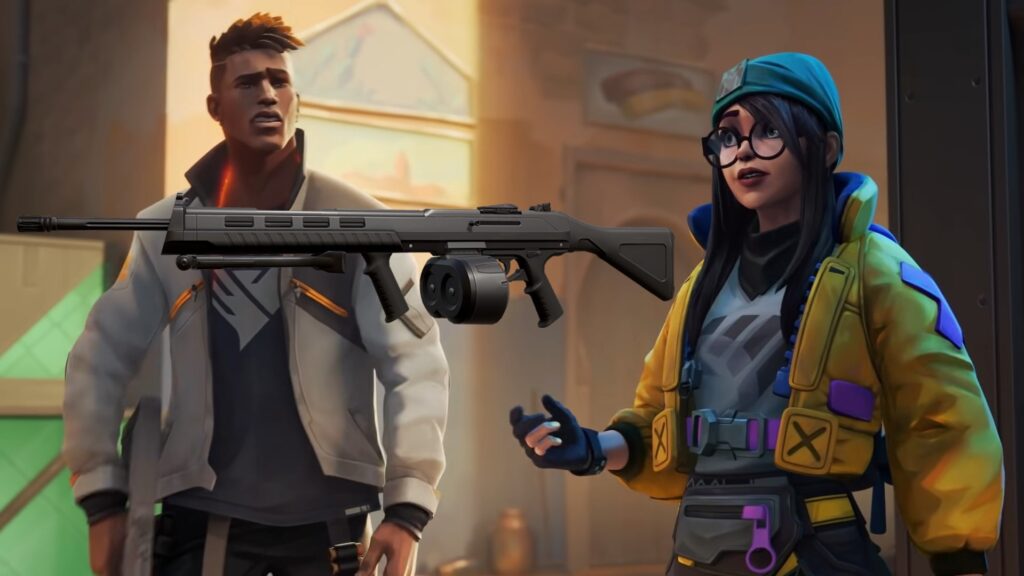 Two VALORANT characters discuss a heavy weapon during a mission briefing