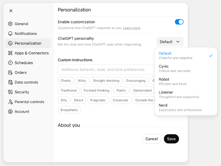 a screenshot of OpenAI ChatGPT’s personalization settings, which include options for “ChatGPT Personality: default, cynic, robot, listener, or nerd”. There are also spaces for custom instructions.