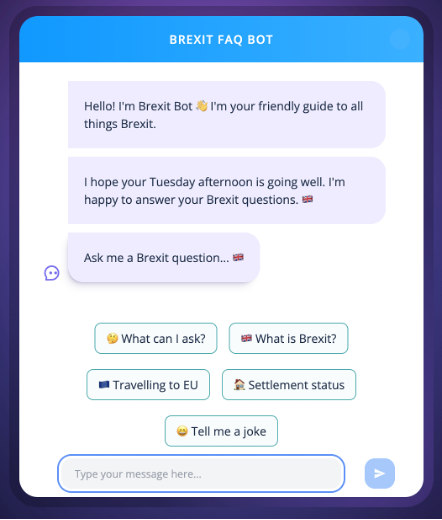 a screenshot of an AI chatbot, titled “BREXIT FAQ BOT”